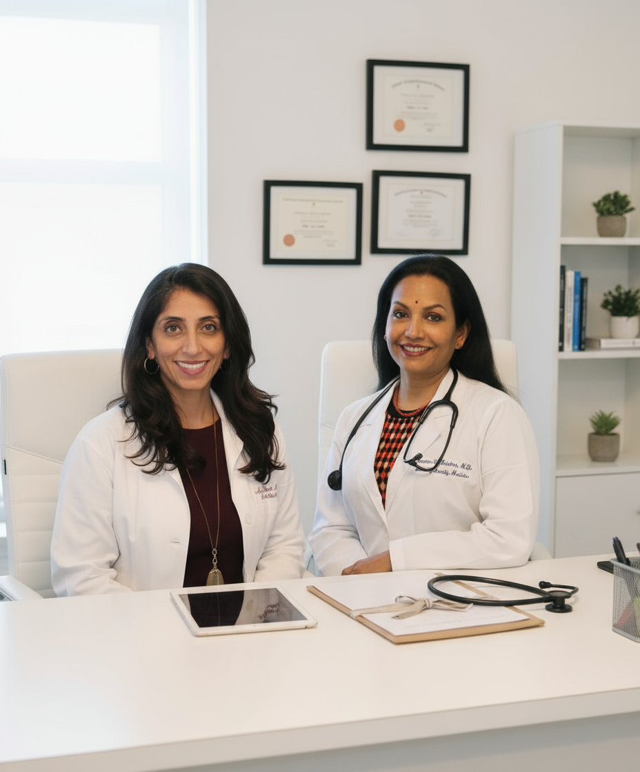 Dr. Anjali Dua and Dr. Jeevana Krishna seated together at a desk in a Cumming Family Medicine office, both in white coats.