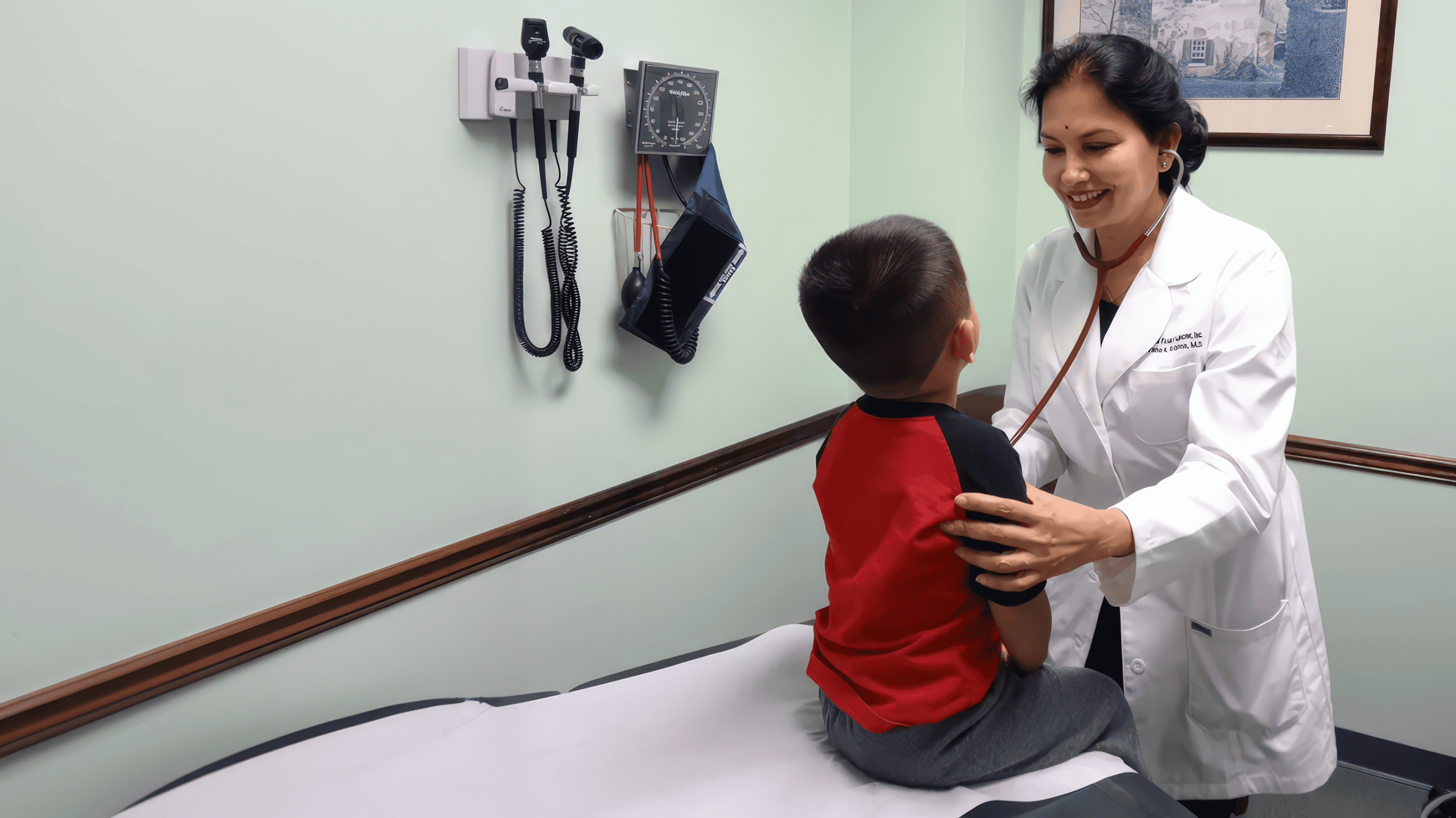 A doctor in a white coat uses a stethoscope to check a young boy sitting on an exam table in a medical office.